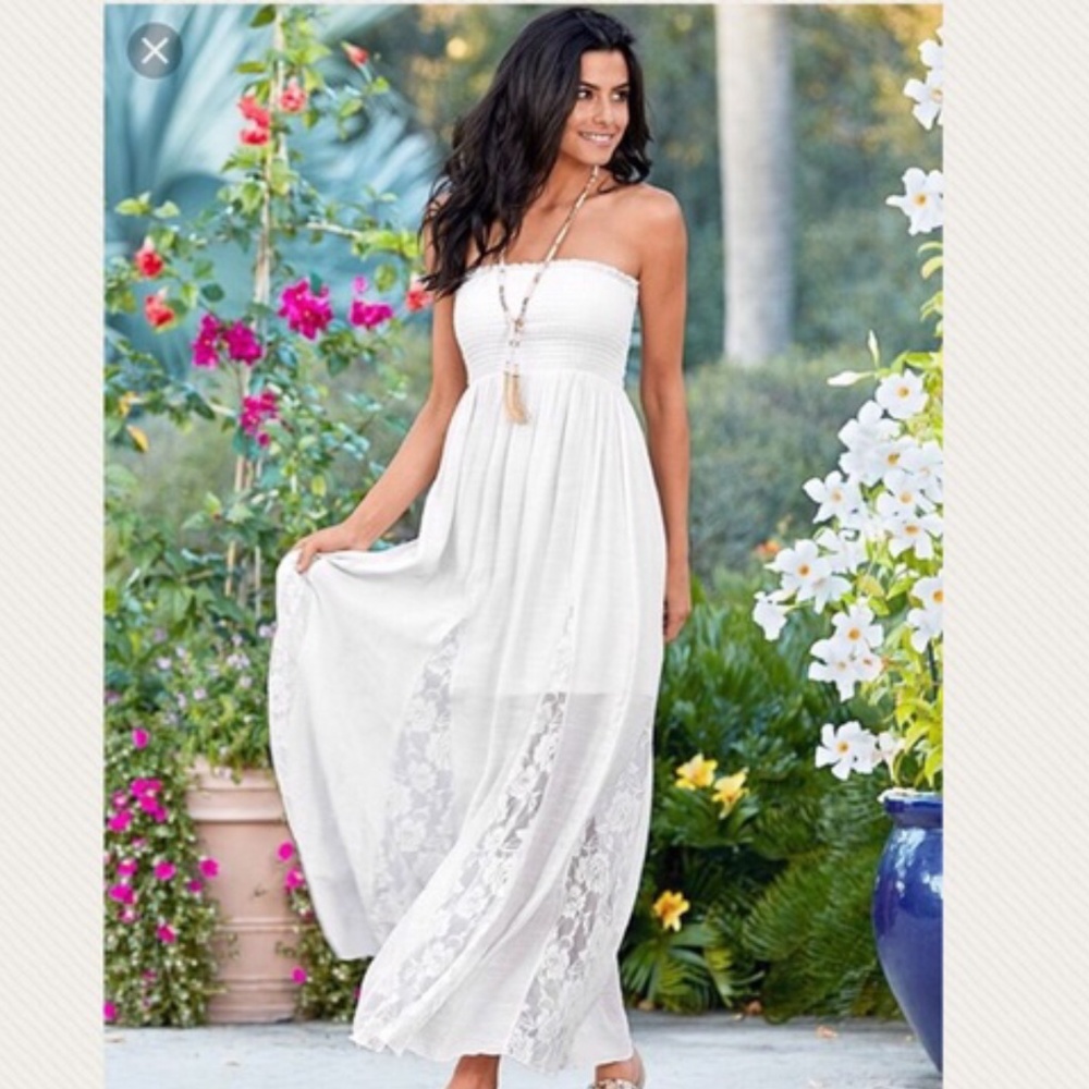 *SOLD*Venus sexy white maxi w/smocked top & lace - Picture 1 of 6